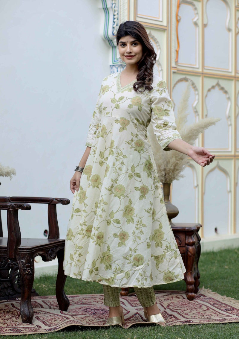 Miravan Floral Print Green Anarkali Kurta & Palazzo Set for Women - Image 4